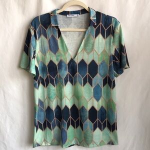 Ticosa blue and green geometric print top